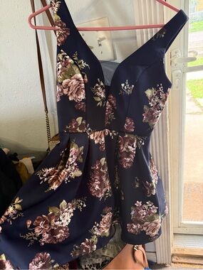 Crystal Doll Navy Floral Dress with Pink Rose Accents